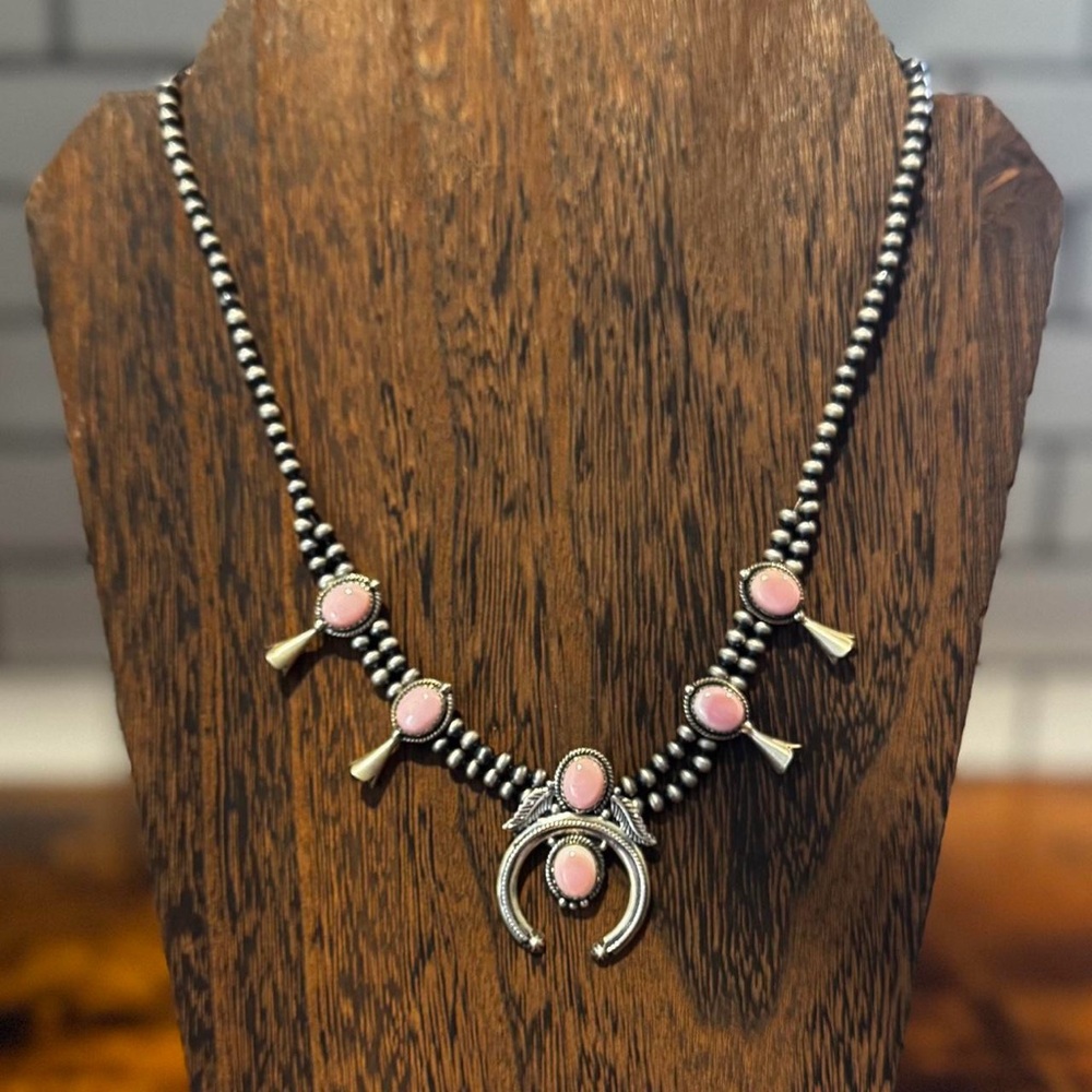Pink Conch Mini Squash Blossom Necklace